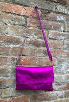 Metallic shine hot pink genuine leather bag + obi belt. Small shoulder / crossbody bag + belt set. Pink party purse + wraparound belt