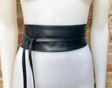 Black obi belt in soft leather. LONGER option wrap belt. BLACK waist belt . Wraparound belt in black genuine leather. Boho black dress belt.