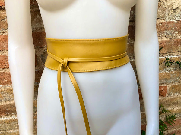 Yellow wrap belt in soft leather. LONGER option. Waist, dress or wraparound belt in genuine leather. Boho obi mustard yellow belt.