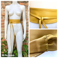 Yellow wrap belt in soft leather. LONGER option. Waist, dress or wraparound belt in genuine leather. Boho obi mustard yellow belt.