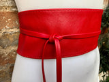 Red wrap belt in soft leather. LONGER option. Waist, dress or wraparound belt in genuine leather. Boho obi red belt.