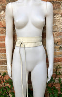 Cream white wrap belt in soft leather. LONGER option. Waist, dress or wraparound belt in genuine leather. Boho obi light beige belt.
