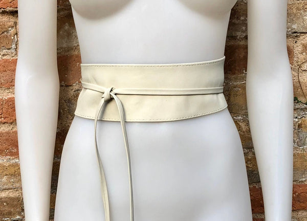 Cream white wrap belt in soft leather. LONGER option. Waist, dress or wraparound belt in genuine leather. Boho obi light beige belt.