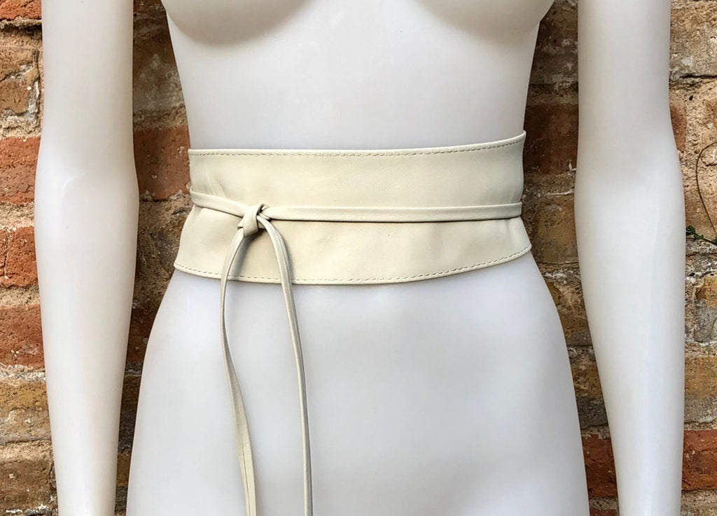 Cream white wrap belt in soft leather. LONGER option. Waist, dress or wraparound belt in genuine leather. Boho obi light beige belt.