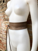 Light brown wrap belt in soft leather. LONGER option. Waist, dress or wraparound belt in genuine leather. Boho obi taupe color belt.