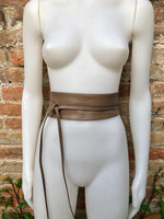 Light brown wrap belt in soft leather. LONGER option. Waist, dress or wraparound belt in genuine leather. Boho obi taupe color belt.