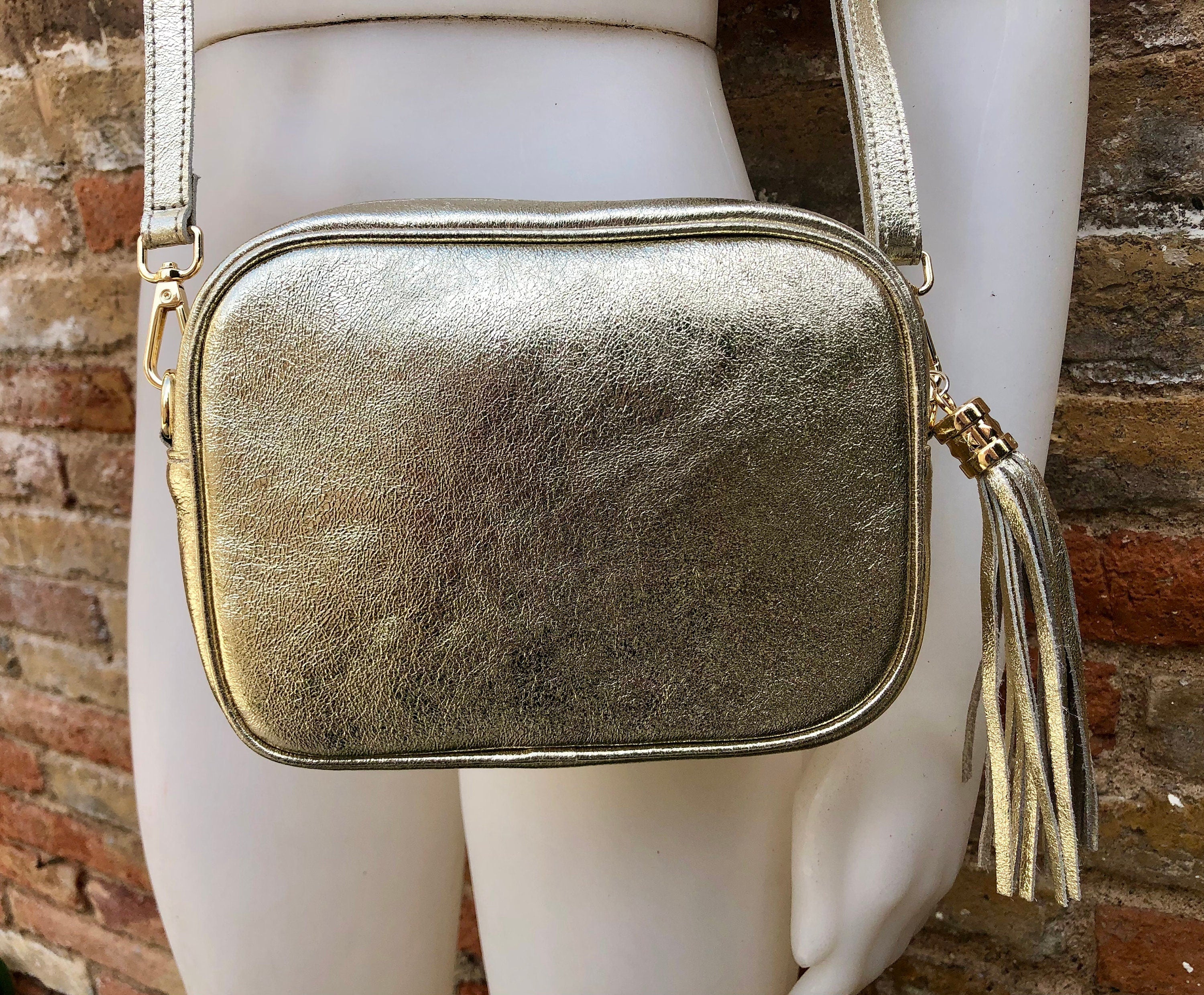 Small golden leather bag. GENUINE leather cross body / shoulder bag. Metallic shine leather bag with adjustable strap and zipper. Gold purse