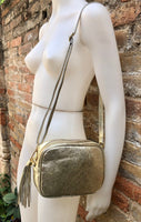 Small leather bag in gold. Cross body bag, shoulder bag in GENUINE leather. Metallic shine leather bag with adjustable strap and zipper