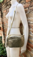 Small leather bag in gold. Cross body bag, shoulder bag in GENUINE leather. Metallic shine leather bag with adjustable strap and zipper