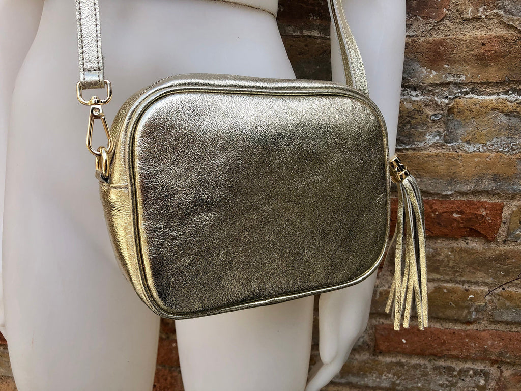 Small golden leather bag. GENUINE leather cross body / shoulder bag. Metallic shine leather bag with adjustable strap and zipper. Gold purse