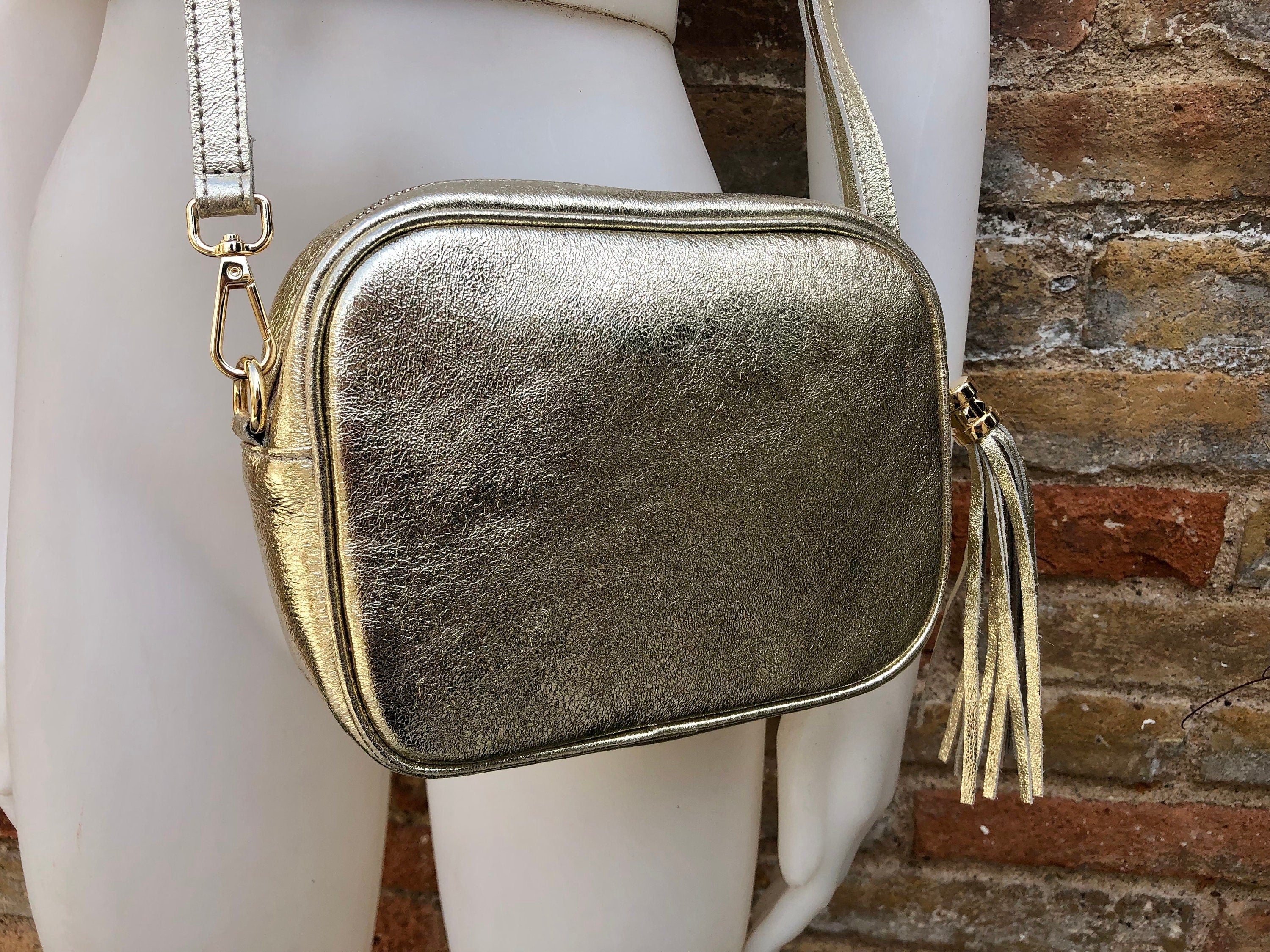 Small golden leather bag. GENUINE leather cross body / shoulder bag. Metallic shine leather bag with adjustable strap and zipper. Gold purse