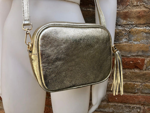 Small golden leather bag. GENUINE leather cross body / shoulder bag. Metallic shine leather bag with adjustable strap and zipper. Gold purse