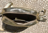 Small leather bag in gold. Cross body bag, shoulder bag in GENUINE leather. Metallic shine leather bag with adjustable strap and zipper