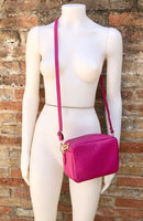 Small leather bag in fuchsia pink. Cross body bag, shoulder bag in GENUINE leather. Hot pink purse. Adjustable strap + zippers. Gold accents