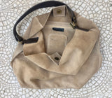 Slouch leather bag in moss GREEN. Hobo shoulder suede bag. Boho shopper bag.Book or tablet bag. Brown leather strap, closed with a zipper
