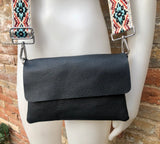 Black small leather bag. 2 straps: 1 leather + 1 guitar strap. GENUINE leather Crossbody / shoulder bag. Black purse with flap + zipper