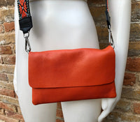 Orange small leather bag. 2 straps: 1 leather + 1 guitar strap. GENUINE leather Crossbody / shoulder bag. Orange purse with flap and zipper