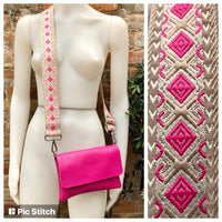 Small PINK leather bag.Fuchsia GENUINE leather crossbody or shoulder bag. Hot pink purse + 2 adjustable straps: 1 guitar strap + 1 leather