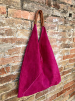 Slouch leather bag in FUCHSIA PINK . Large shoulder leather bag. Origami boho bag. Large magenta suede leather bag. Hot PINK suede bag.