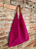 Slouch leather bag in FUCHSIA PINK . Large shoulder leather bag. Origami boho bag. Large magenta suede leather bag. Hot PINK suede bag.