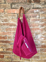 Slouch leather bag in FUCHSIA PINK . Large shoulder leather bag. Origami boho bag. Large magenta suede leather bag. Hot PINK suede bag.