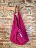 Slouch leather bag in FUCHSIA PINK . Large shoulder leather bag. Origami boho bag. Large magenta suede leather bag. Hot PINK suede bag.