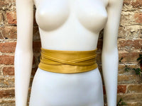 Yellow wrap belt in soft leather. LONGER option. Waist, dress or wraparound belt in genuine leather. Boho obi mustard yellow belt.