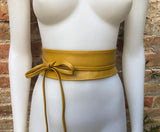 Yellow wrap belt in soft leather. LONGER option. Waist, dress or wraparound belt in genuine leather. Boho obi mustard yellow belt.