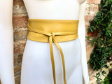 Yellow wrap belt in soft leather. LONGER option. Waist, dress or wraparound belt in genuine leather. Boho obi mustard yellow belt.