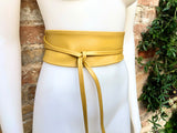 Yellow wrap belt in soft leather. LONGER option. Waist, dress or wraparound belt in genuine leather. Boho obi mustard yellow belt.