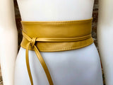 Yellow wrap belt in soft leather. LONGER option. Waist, dress or wraparound belt in genuine leather. Boho obi mustard yellow belt.