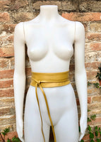 Yellow wrap belt in soft leather. LONGER option. Waist, dress or wraparound belt in genuine leather. Boho obi mustard yellow belt.