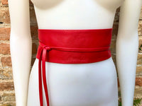 Red wrap belt in soft leather. LONGER option. Waist, dress or wraparound belt in genuine leather. Boho obi red belt.