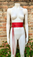 Red wrap belt in soft leather. LONGER option. Waist, dress or wraparound belt in genuine leather. Boho obi red belt.