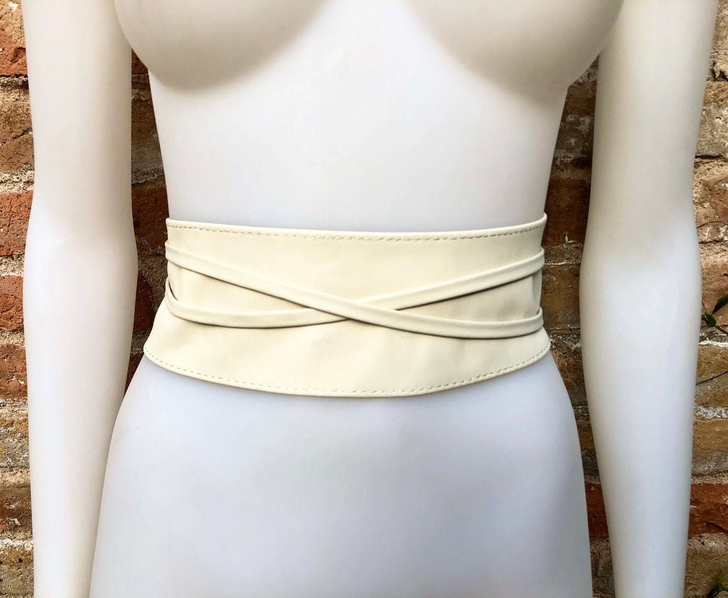 Cream white wrap belt in soft leather. LONGER option. Waist, dress or wraparound belt in genuine leather. Boho obi light beige belt.