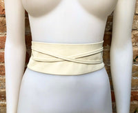 Cream white wrap belt in soft leather. LONGER option. Waist, dress or wraparound belt in genuine leather. Boho obi light beige belt.