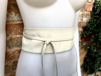 Cream white wrap belt in soft leather. LONGER option. Waist, dress or wraparound belt in genuine leather. Boho obi light beige belt.
