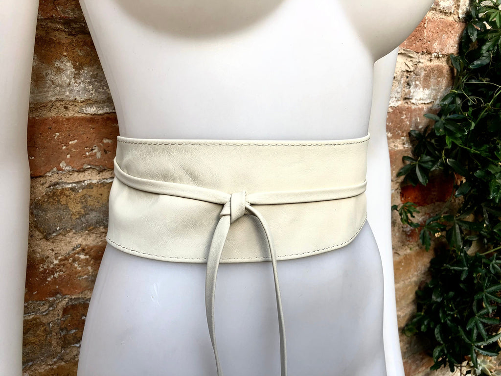 Cream white wrap belt in soft leather. LONGER option. Waist, dress or wraparound belt in genuine leather. Boho obi light beige belt.