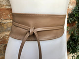 Light brown wrap belt in soft leather. LONGER option. Waist, dress or wraparound belt in genuine leather. Boho obi taupe color belt.