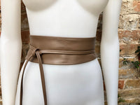 Light brown wrap belt in soft leather. LONGER option. Waist, dress or wraparound belt in genuine leather. Boho obi taupe color belt.