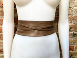 Light brown wrap belt in soft leather. LONGER option. Waist, dress or wraparound belt in genuine leather. Boho obi taupe color belt.