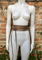 Light brown wrap belt in soft leather. LONGER option. Waist, dress or wraparound belt in genuine leather. Boho obi taupe color belt.