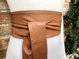 CAMEL BROWN obi belt. Wrap belt in soft genuine leather. Wraparound waist belt. Wide style. Boho dress belt in TOBACCO/saddle brown leather