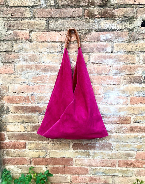 Slouch leather bag in FUCHSIA PINK . Large shoulder leather bag. Origami boho bag. Large magenta suede leather bag. Hot PINK suede bag.