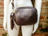 Small leather bag in bronze. Cross body bag, shoulder bag in GENUINE leather. Metallic shine leather bag with adjustable strap and zipper