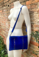 Cross body bag. Boho suede leather bag in COBALT blue with bronze color tacks. Messenger bag in genuine suede leather. BLUE crossbody bag