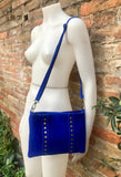 Cross body bag. Boho suede leather bag in COBALT blue with bronze color tacks. Messenger bag in genuine suede leather. BLUE crossbody bag