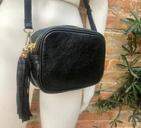 Small leather bag in black. Cross body bag, shoulder bag in GENUINE leather. Metallic shine leather bag with adjustable strap and zipper