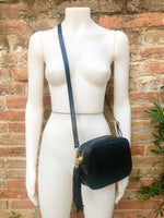 Small leather bag in black. Cross body bag, shoulder bag in GENUINE leather. Metallic shine leather bag with adjustable strap and zipper