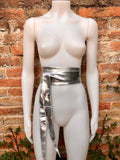 SILVER obi belt. Wrap belt in soft genuine leather. Wraparound waist belt.Wide style. Boho dress belt in metallic effect leather. Party belt